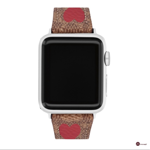 COACH Signature Tan Logo Red Heart Motif Leather 38 40 MM Apple Watch Band Strap - Picture 4 of 13